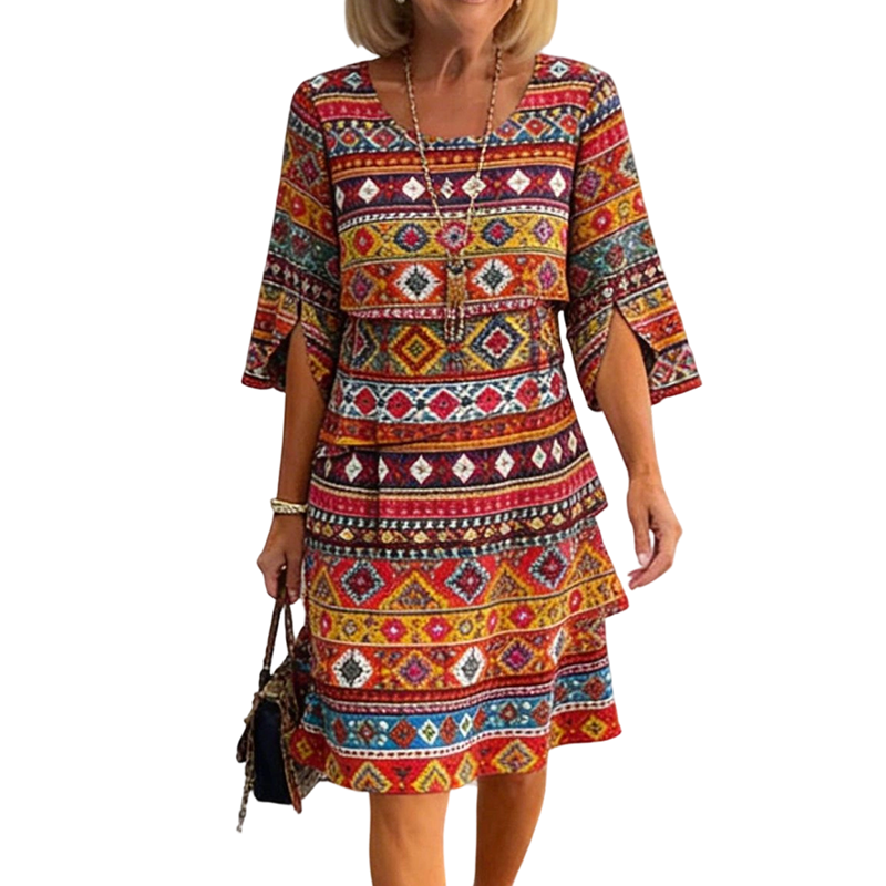 ⌛ Nur solange Vorrat reicht – danach regulärer Preis! Damen Kleid mit Ethno-Muster, V-Ausschnitt und Stufenrock-11