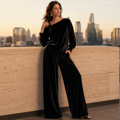 📢📢50%Rabatt!!!🎉✨Damen-Off-Shoulder-Oberteil mit weitem Hosenbein als Set-5