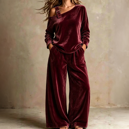 📢📢50%Rabatt!!!🎉✨Damen-Off-Shoulder-Oberteil mit weitem Hosenbein als Set-10