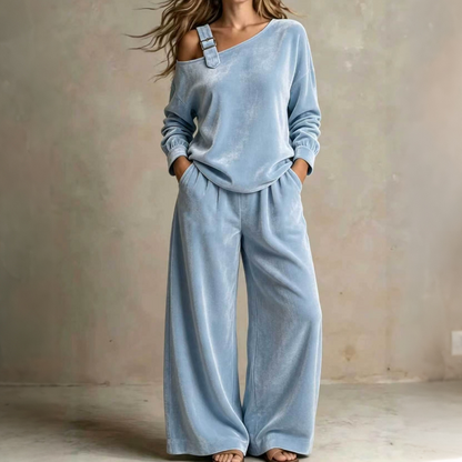 📢📢50%Rabatt!!!🎉✨Damen-Off-Shoulder-Oberteil mit weitem Hosenbein als Set-11