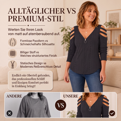 📢📢50%Rabatt!!!🎉🎯 Einfach halber Preis – keine Spiele! Damen Cold-Shoulder T-Shirt mit Reißverschluss-1