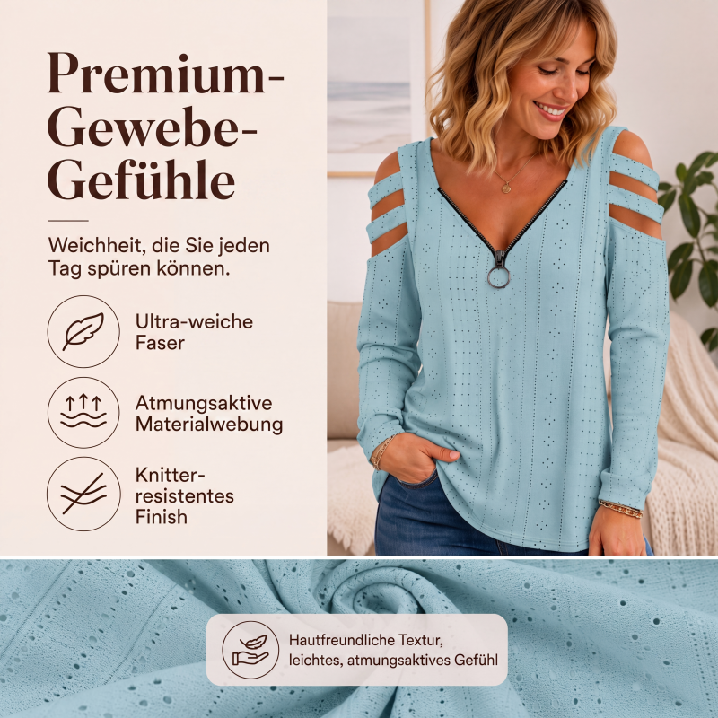 📢📢50%Rabatt!!!🎉🎯 Einfach halber Preis – keine Spiele! Damen Cold-Shoulder T-Shirt mit Reißverschluss-3