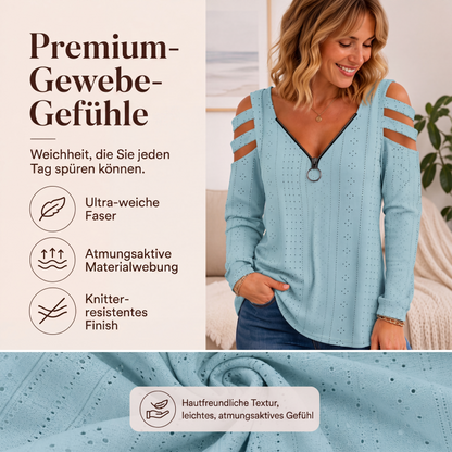 📢📢50%Rabatt!!!🎉🎯 Einfach halber Preis – keine Spiele! Damen Cold-Shoulder T-Shirt mit Reißverschluss-3