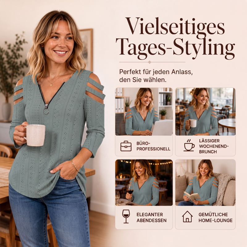 📢📢50%Rabatt!!!🎉🎯 Einfach halber Preis – keine Spiele! Damen Cold-Shoulder T-Shirt mit Reißverschluss-4