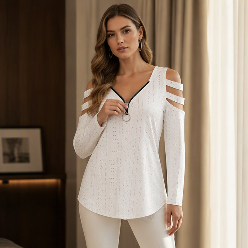 📢📢50%Rabatt!!!🎉🎯 Einfach halber Preis – keine Spiele! Damen Cold-Shoulder T-Shirt mit Reißverschluss-7