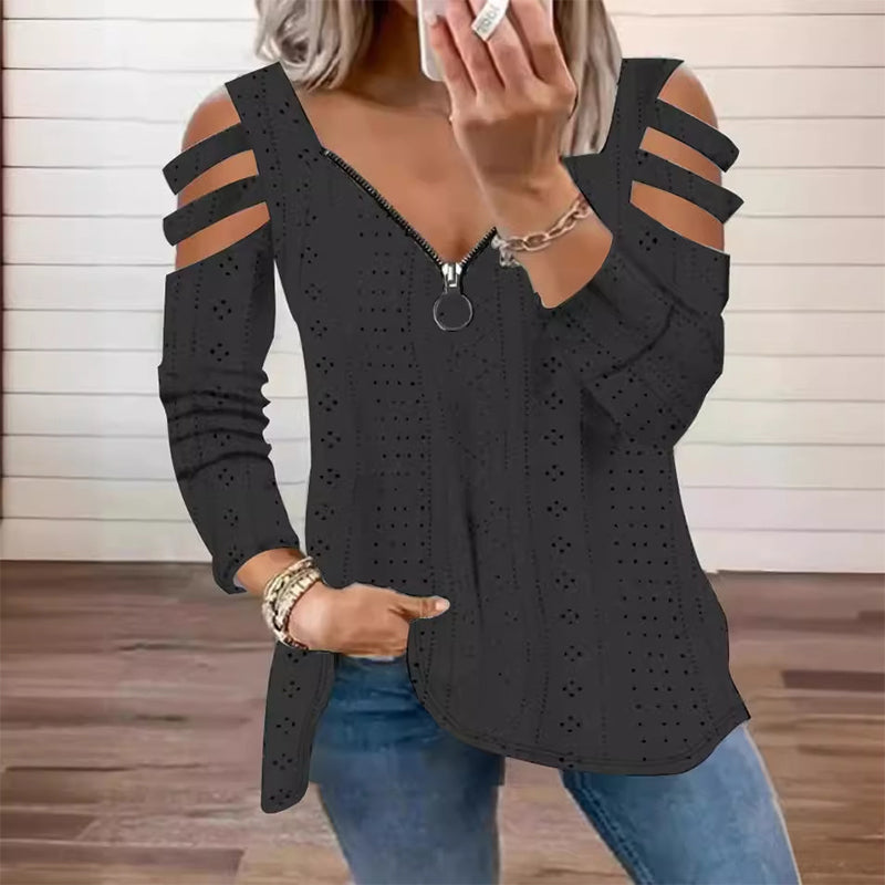 📢📢50%Rabatt!!!🎉🎯 Einfach halber Preis – keine Spiele! Damen Cold-Shoulder T-Shirt mit Reißverschluss-8