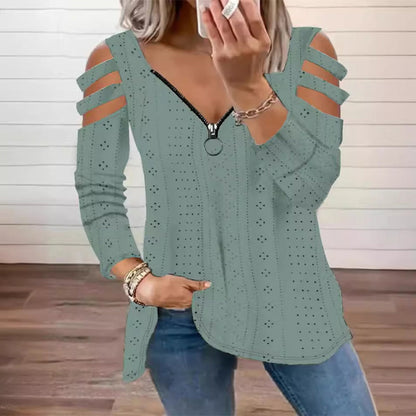 📢📢50%Rabatt!!!🎉🎯 Einfach halber Preis – keine Spiele! Damen Cold-Shoulder T-Shirt mit Reißverschluss-9