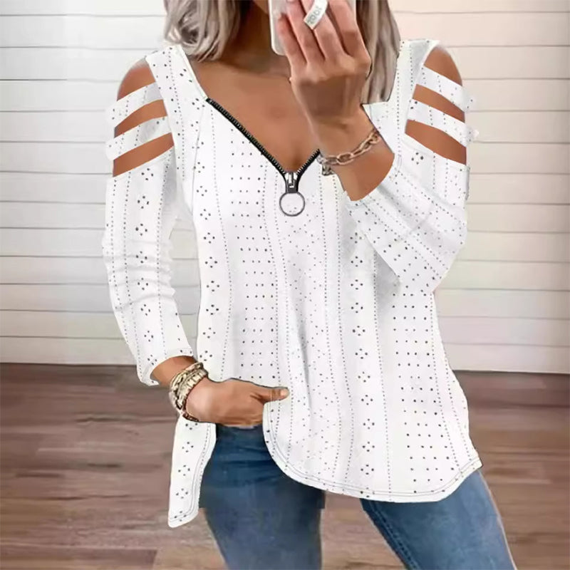 📢📢50%Rabatt!!!🎉🎯 Einfach halber Preis – keine Spiele! Damen Cold-Shoulder T-Shirt mit Reißverschluss-10