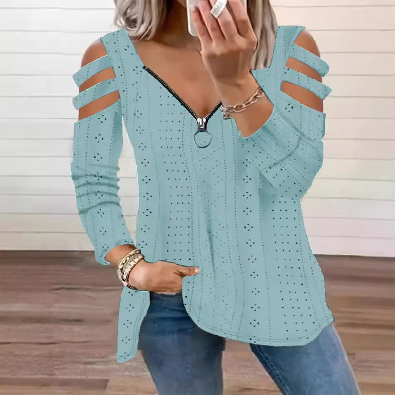 📢📢50%Rabatt!!!🎉🎯 Einfach halber Preis – keine Spiele! Damen Cold-Shoulder T-Shirt mit Reißverschluss-11