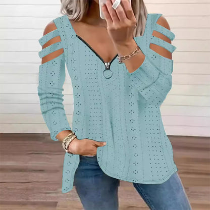 📢📢50%Rabatt!!!🎉🎯 Einfach halber Preis – keine Spiele! Damen Cold-Shoulder T-Shirt mit Reißverschluss-11