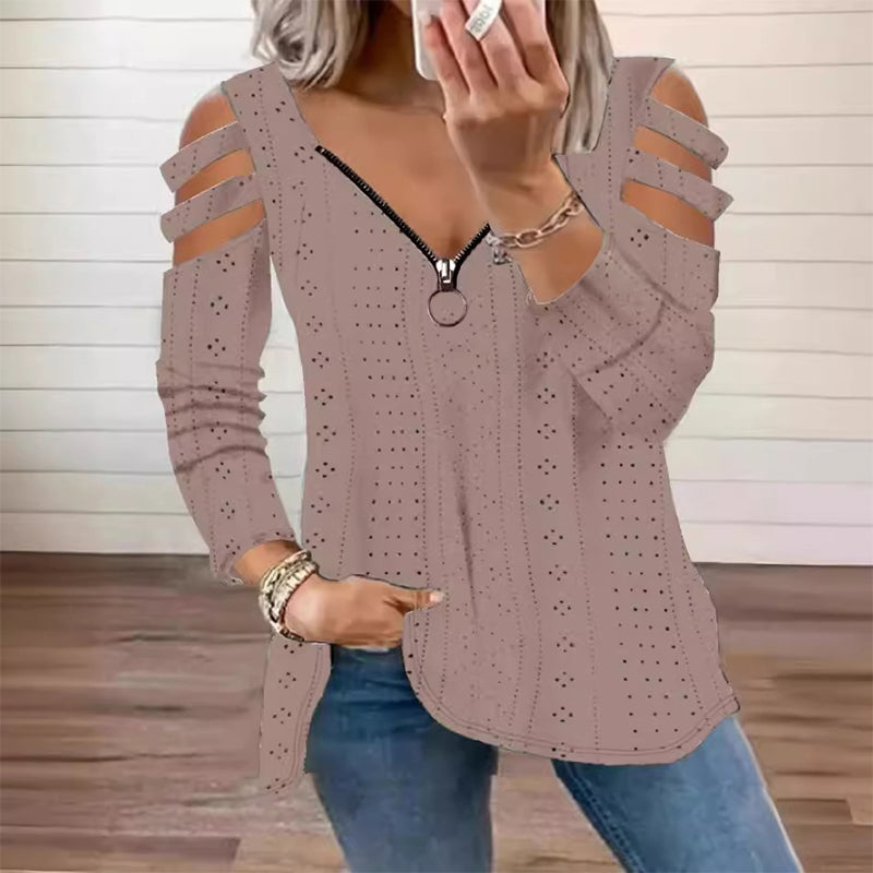 📢📢50%Rabatt!!!🎉🎯 Einfach halber Preis – keine Spiele! Damen Cold-Shoulder T-Shirt mit Reißverschluss-12