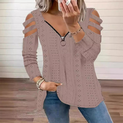 📢📢50%Rabatt!!!🎉🎯 Einfach halber Preis – keine Spiele! Damen Cold-Shoulder T-Shirt mit Reißverschluss-12