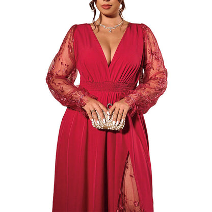 📢📢50%Rabatt!!!🎉✨Elegantes Damen-Maxikleid mit V-Ausschnitt und Spitzenapplikationen-11