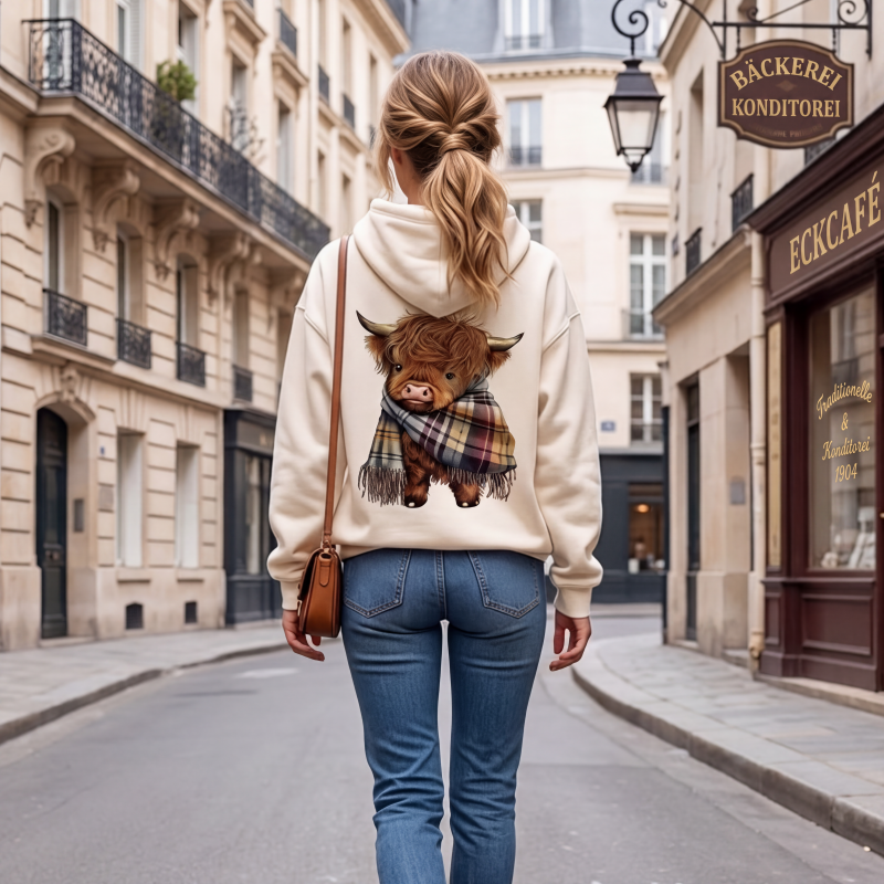 🐮 50% RABATT!!🎁Niedliches Kapuzensweatshirt mit kuscheligem Fleecefutter, Highland-Kuh-Motiv-6