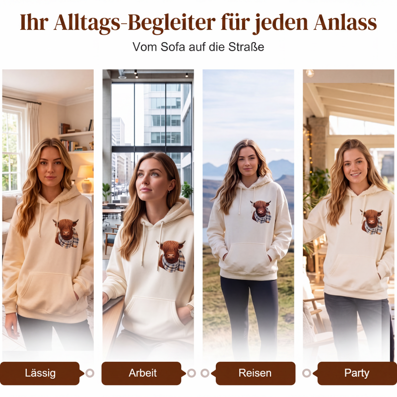 🐮 50% RABATT!!🎁Niedliches Kapuzensweatshirt mit kuscheligem Fleecefutter, Highland-Kuh-Motiv-12