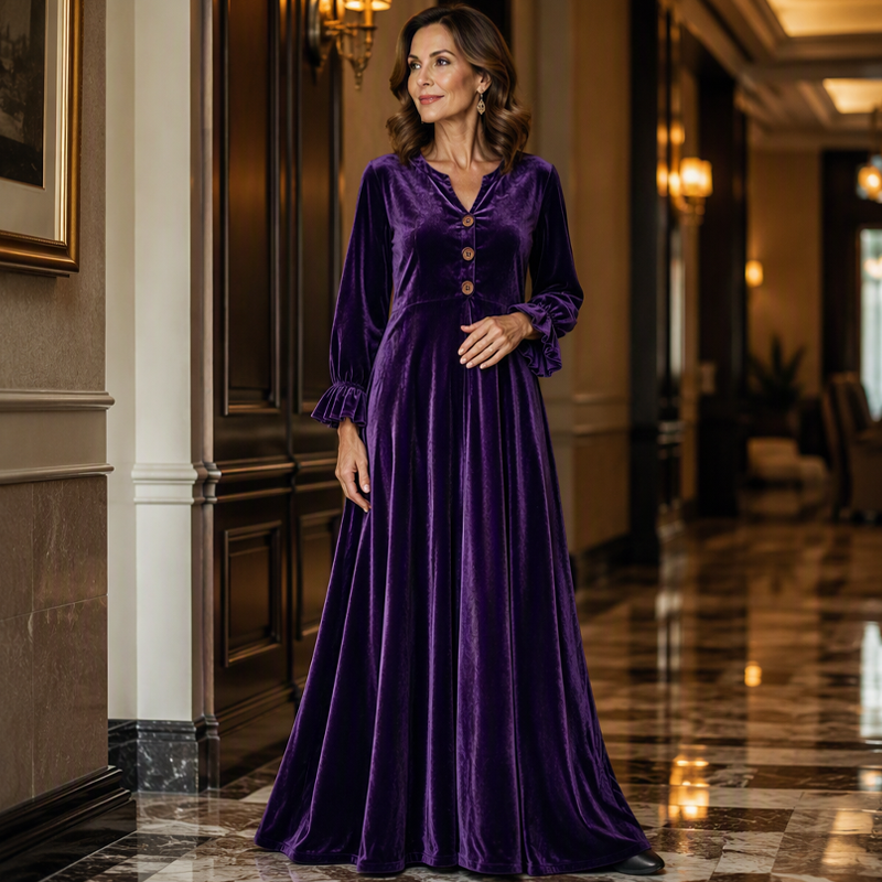 👗 50 % RABATT – Elegantes Damen Samt-Maxikleid mit Rüschenärmeln | Luxuriöser Vintage-Look für besondere Momente ✨-6
