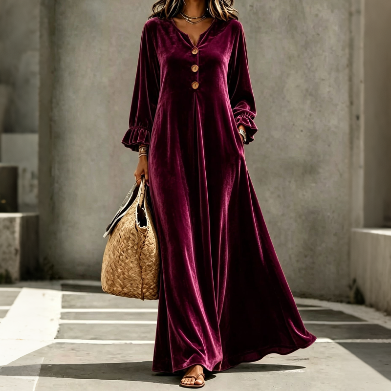 👗 50 % RABATT – Elegantes Damen Samt-Maxikleid mit Rüschenärmeln | Luxuriöser Vintage-Look für besondere Momente ✨-9