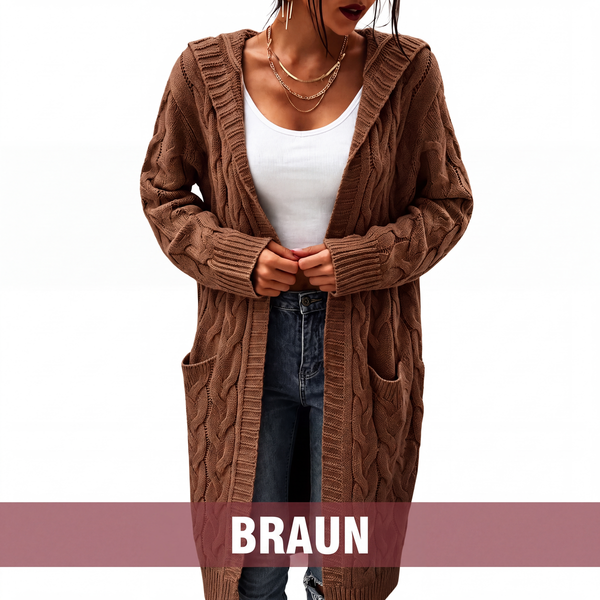 📢📢50 % Rabatt！🎉Lange Strickjacke mit Kapuze und Taschen für Damen-10