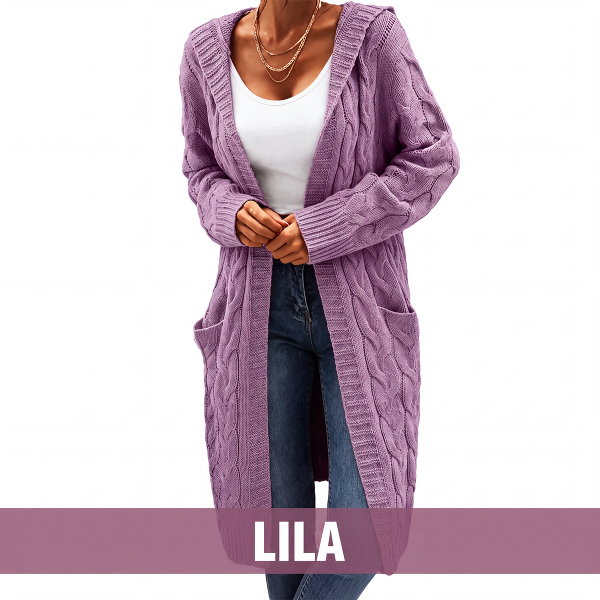 📢📢50 % Rabatt！🎉Lange Strickjacke mit Kapuze und Taschen für Damen-14