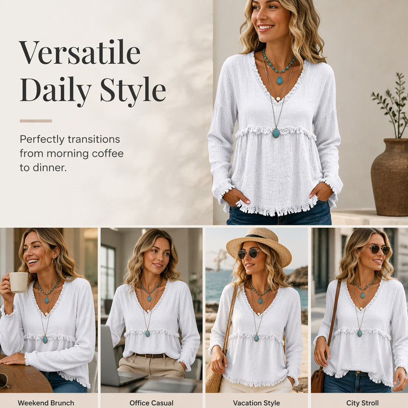 📢📢50%Rabatt!!!🎉⌛Zeitlich begrenztes Angebot – Damen lässiges V-Ausschnitt-Langarm-Oberteil-6