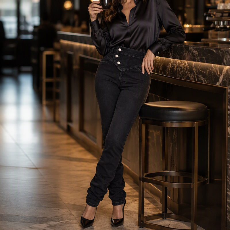 Taillenhohe asymmetrische Crossover-Jeans für Damen-9