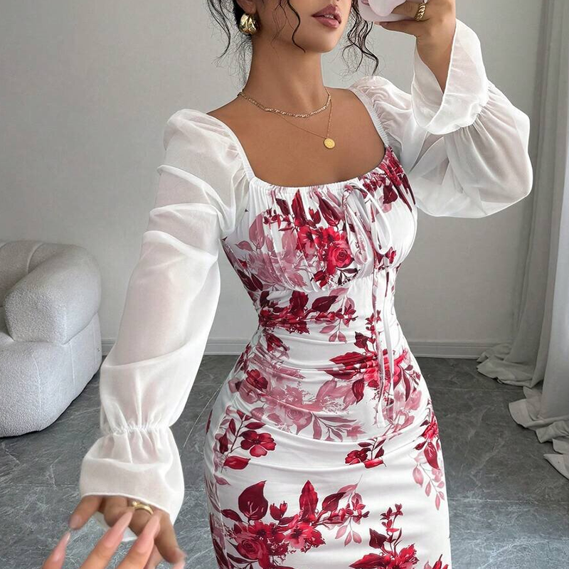 Elegantes geblümtes ausgestelltes Kleid für Damen-3