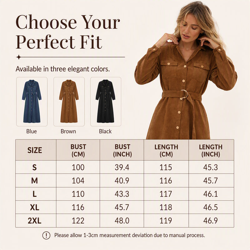 Heißer Sale: 50 % Rabatt💖 Midi-Shirtkleid aus Cord für Damen mit Gürtel