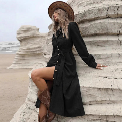 Heißer Sale: 50 % Rabatt💖 Midi-Shirtkleid aus Cord für Damen mit Gürtel