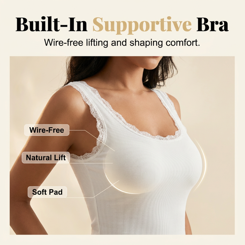 🔥✨ 1 GEKAUFT 1 GRATIS! Damen Slim Fit Rippträger – Integrierter Bügel-BH, Spitzenbordüre V-Ausschnitt, Dehnbarer Baumwollstoff, Glatter Rücken · Schwarz Weiß Grau · S bis XL ⏰