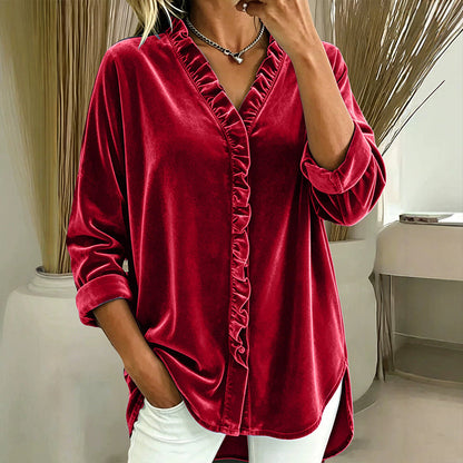 📢📢50%Rabatt!!!🎉✨Damen-Bluse in Unifarbe mit Rüschenkragen