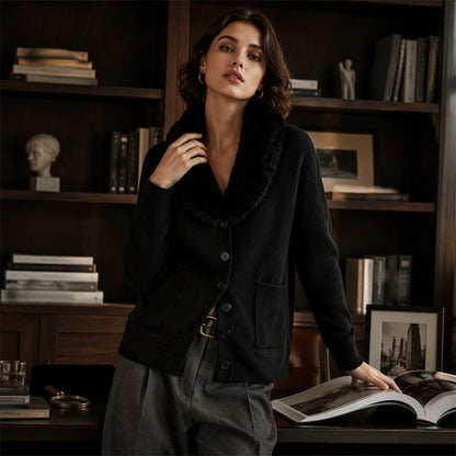 ✨ Neuheiten – Damen Strickcardigan mit Pelzkragen