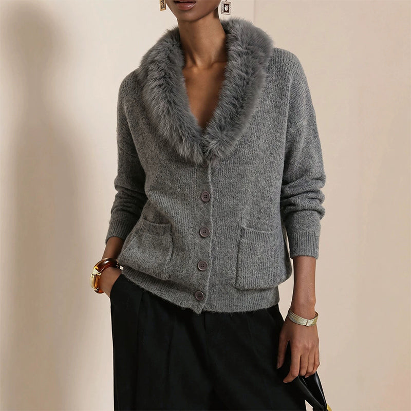 ✨ Neuheiten – Damen Strickcardigan mit Pelzkragen