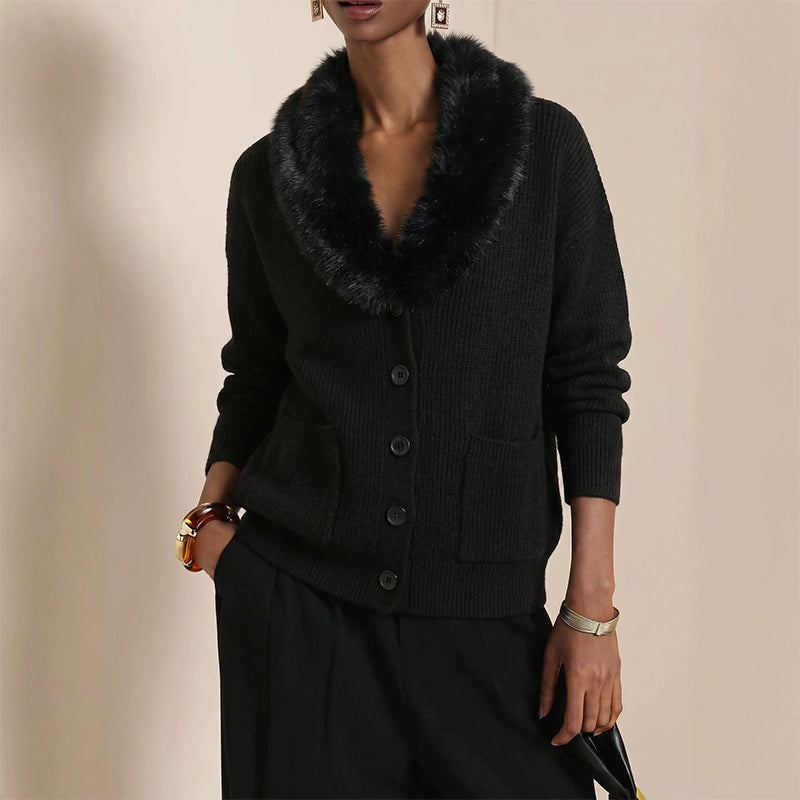 ✨ Neuheiten – Damen Strickcardigan mit Pelzkragen