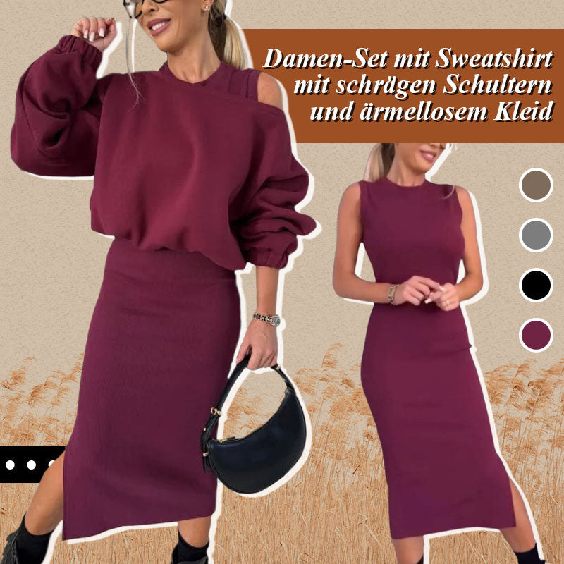 👗🌸 Bestseller – Damen-Set mit Sweatshirt mit schrägen Schultern und ärmellosem Kleid