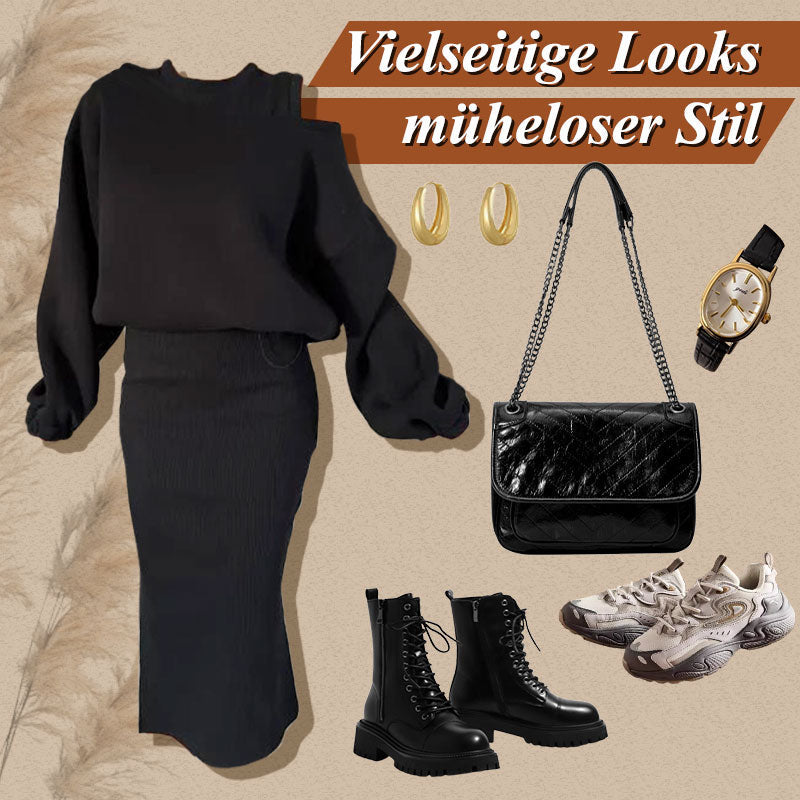 👗🌸 Bestseller – Damen-Set mit Sweatshirt mit schrägen Schultern und ärmellosem Kleid