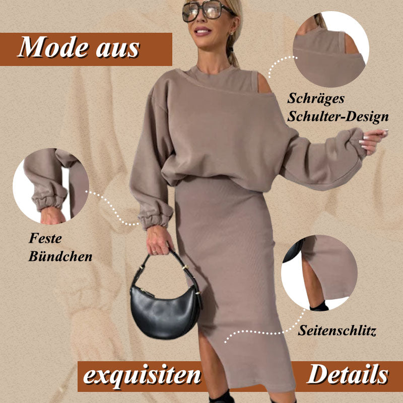 👗🌸 Bestseller – Damen-Set mit Sweatshirt mit schrägen Schultern und ärmellosem Kleid
