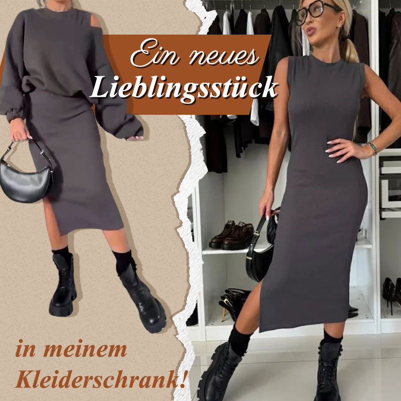 👗🌸 Bestseller – Damen-Set mit Sweatshirt mit schrägen Schultern und ärmellosem Kleid