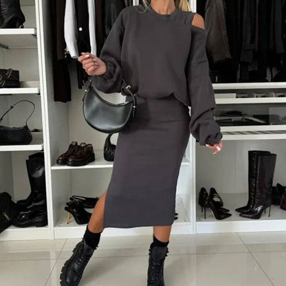 👗🌸 Bestseller – Damen-Set mit Sweatshirt mit schrägen Schultern und ärmellosem Kleid
