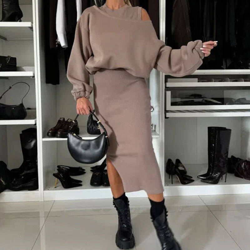 👗🌸 Bestseller – Damen-Set mit Sweatshirt mit schrägen Schultern und ärmellosem Kleid