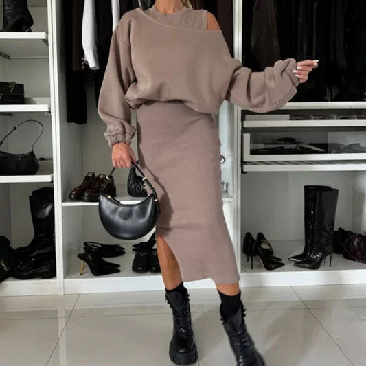 👗🌸 Bestseller – Damen-Set mit Sweatshirt mit schrägen Schultern und ärmellosem Kleid