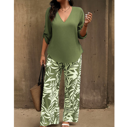 📢📢50% Rabatt!!! 🎉✨ Damen-Set aus V-Ausschnitt-Bluse & bedruckter Weithose