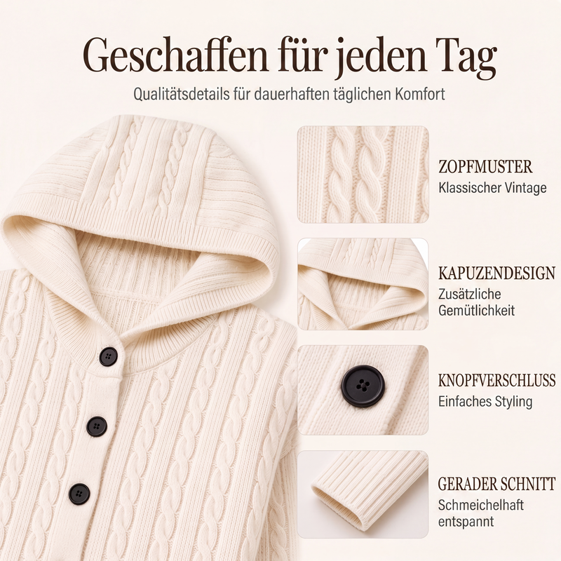 🧥✨ Bestseller – Strick-Cardigan mit Zopfmuster und Kapuze für Damen