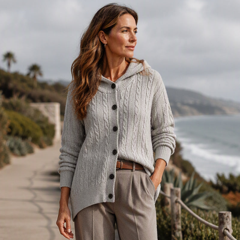 🧥✨ Bestseller – Strick-Cardigan mit Zopfmuster und Kapuze für Damen
