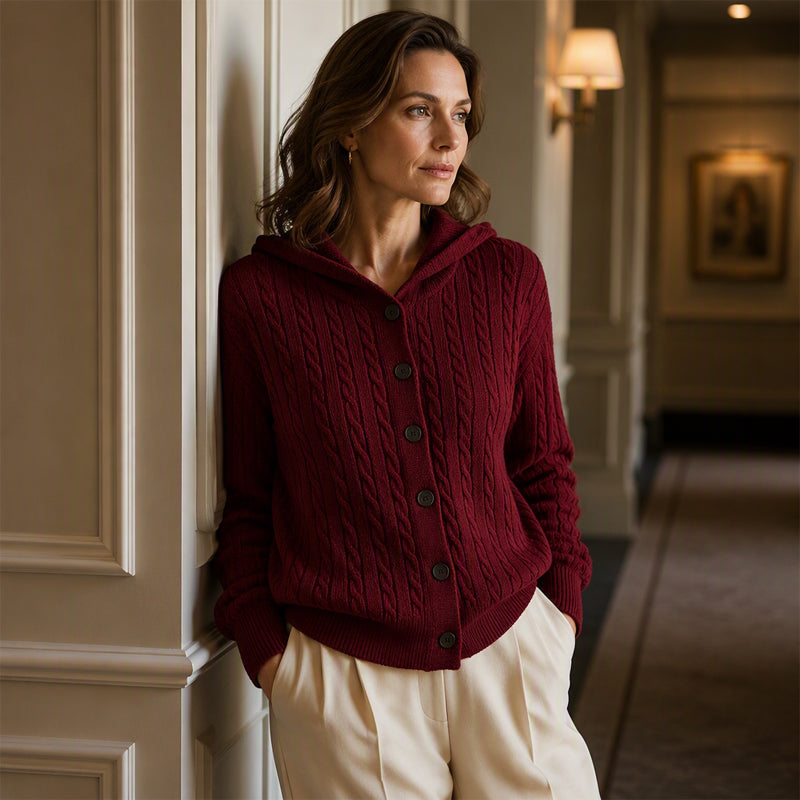 🧥✨ Bestseller – Strick-Cardigan mit Zopfmuster und Kapuze für Damen