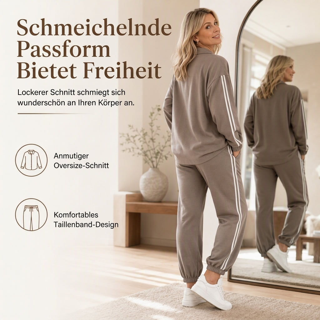 📢📢50%Rabatt!!!🎉✨Zweiteiliges lässiges Lounge-Set für Damen mit oversizedem Hemd mit Knopfleiste und Jogginghose mit Seitenstreifen