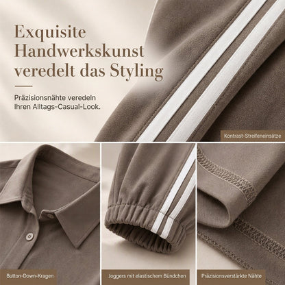 📢📢50%Rabatt!!!🎉✨Zweiteiliges lässiges Lounge-Set für Damen mit oversizedem Hemd mit Knopfleiste und Jogginghose mit Seitenstreifen