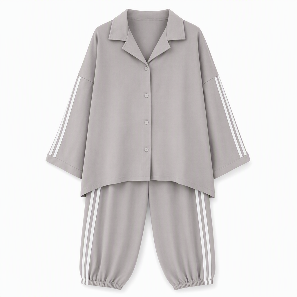 📢📢50%Rabatt!!!🎉✨Zweiteiliges lässiges Lounge-Set für Damen mit oversizedem Hemd mit Knopfleiste und Jogginghose mit Seitenstreifen