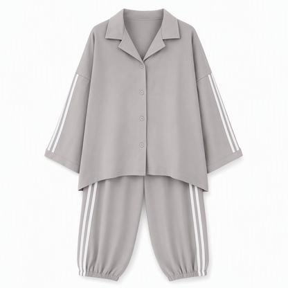 📢📢50%Rabatt!!!🎉✨Zweiteiliges lässiges Lounge-Set für Damen mit oversizedem Hemd mit Knopfleiste und Jogginghose mit Seitenstreifen