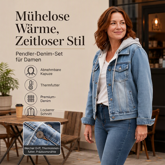 Damen Jeansjacke mit Kapuze, Lagenlook und warmem Futter