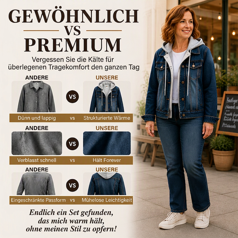 Damen Jeansjacke mit Kapuze, Lagenlook und warmem Futter